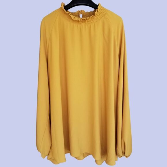 Tops - Persona by Marina Rinaldi Dress Blouse Gathered Neckline Long Sleeve Gold Satin